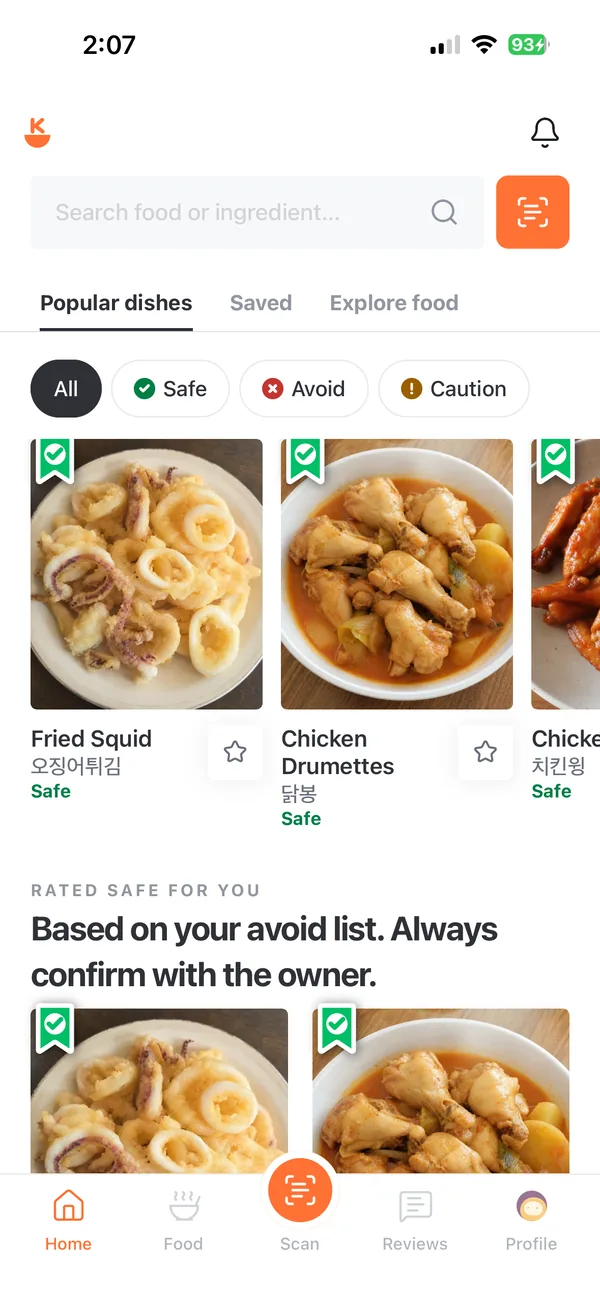 The K-Bap app rating Korean dishes Safe or Avoid against the user's own list